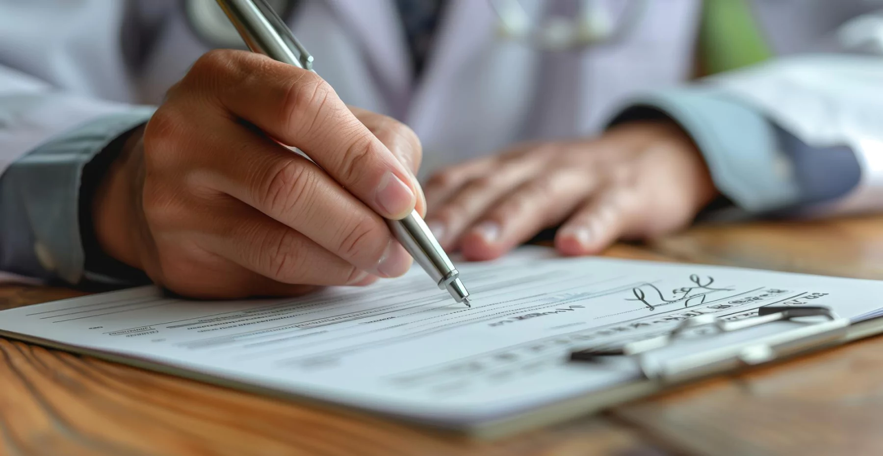 Médico assinando um atestado sobre uma mesa de madeira